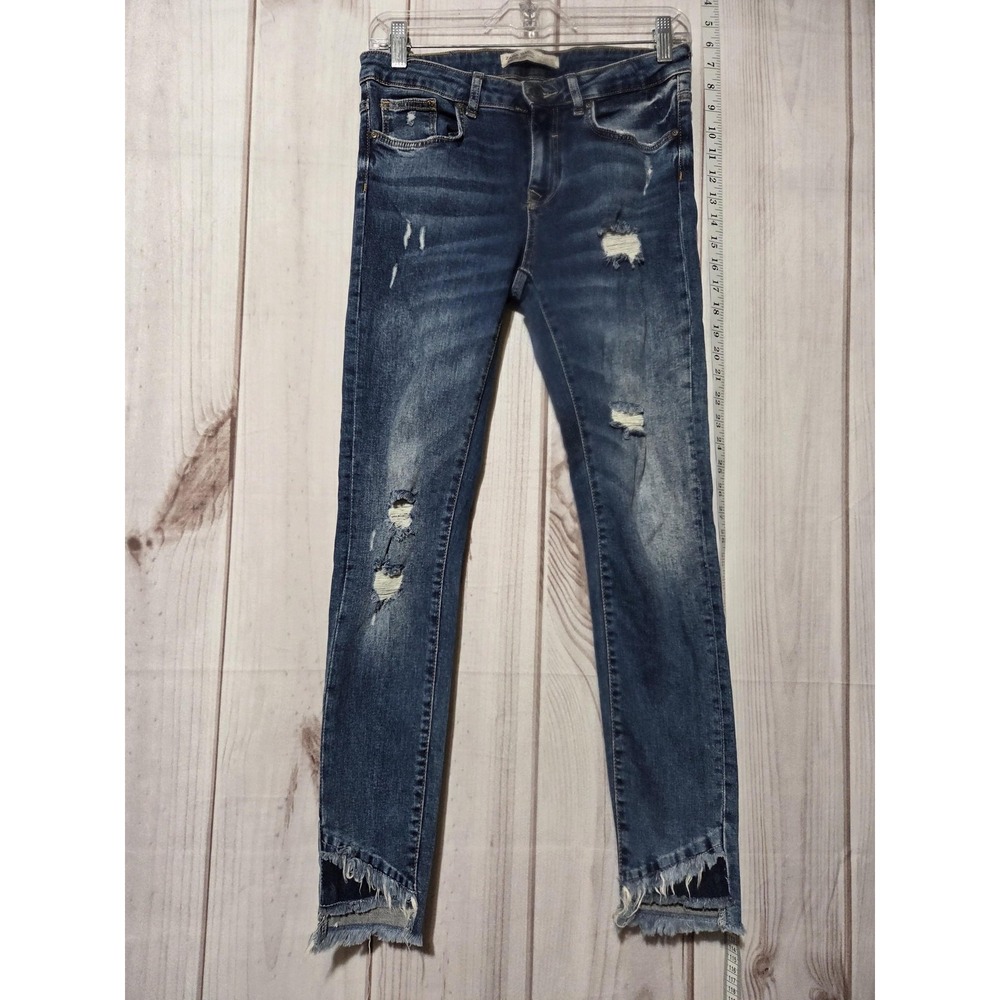 Zara Z1975 Denim Jeans Womens 6 Blue Mid Rise Skinny Distressed Raw Hem Ankle
